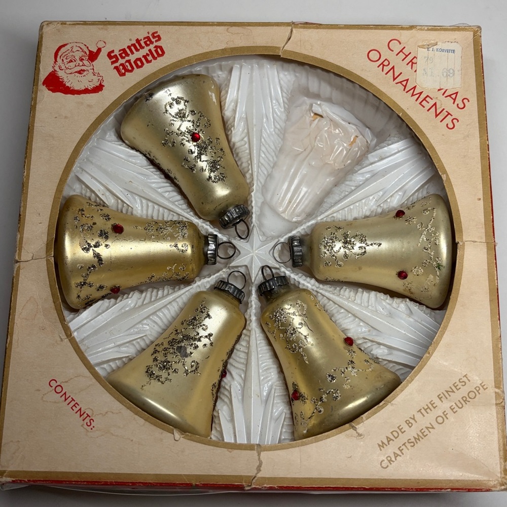 Vtg Santa's World Glass Gold Bell Christmas 
Or. “By Kurt S. Adler” (Set of 5)